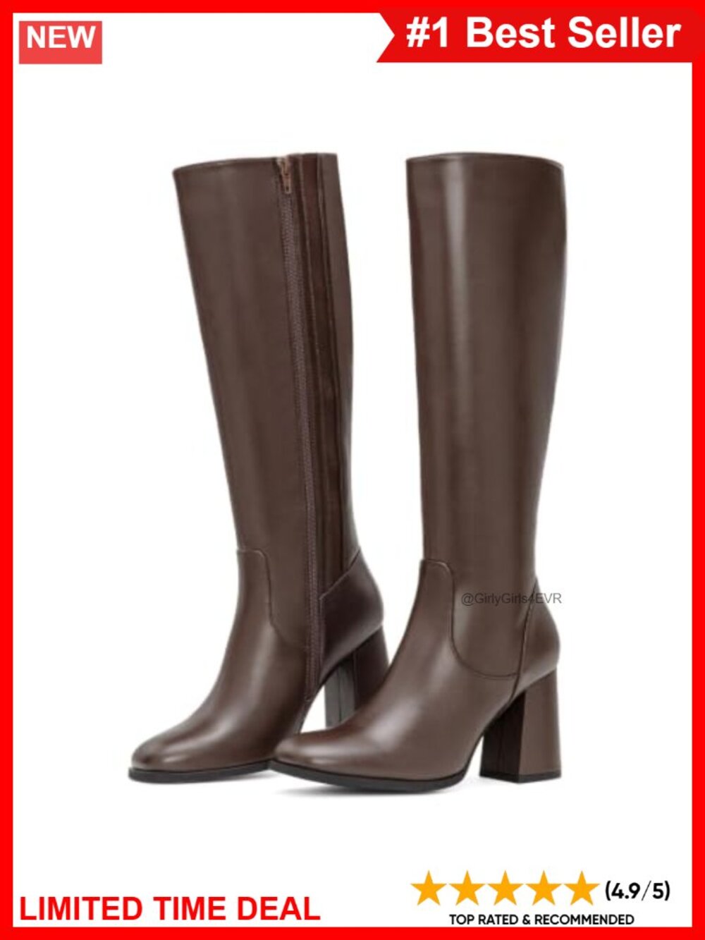 Women's Wide Calf Knee High Boots Chunky Heel Square Toe Faux Leather Side Zip